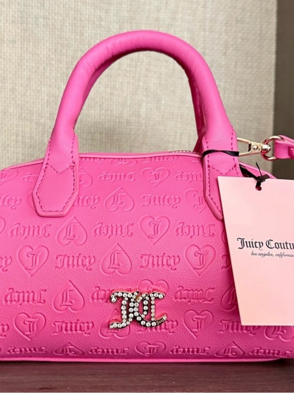 JUICY COUTURE Bright Hot Pink Embossed Satchel with Crystal JC Emblem NEW